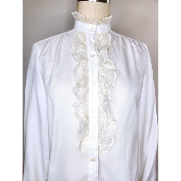 1970s LANZ Lace Blouse Ruffled Button Down Shirt Blouse KOREAN Collar size XS - Picture 8 of 10
